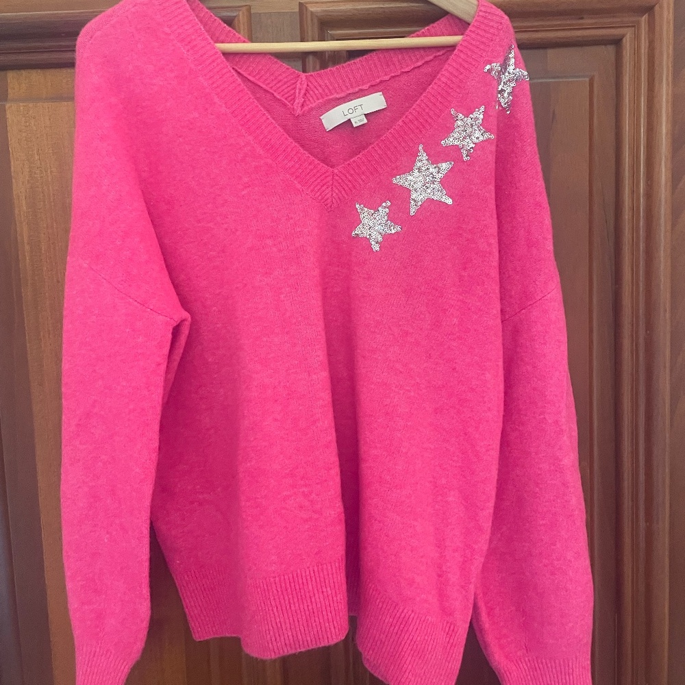 LOFT Hot Pink Sequin Star V Neck Wool Sweater